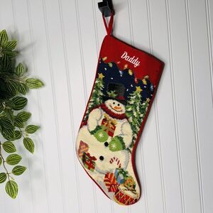 Vintage DADDY Needlepoint Cross Stitch Christmas Stocking Snowman Gifts NICE
